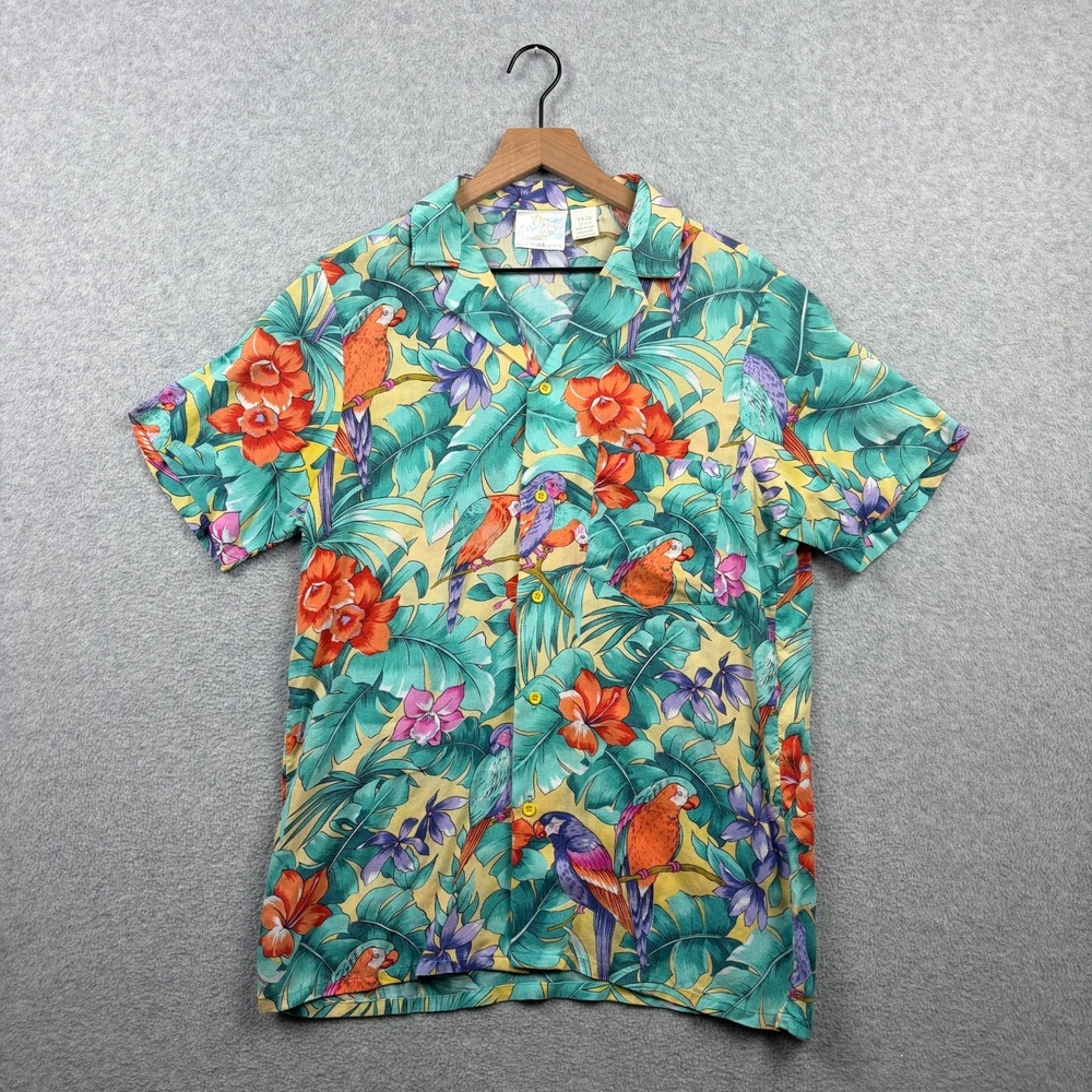 Vintage Hawaiian Shirt Mens Medium Parrot Tropical Floral Rayon Aloha Surf Camp
